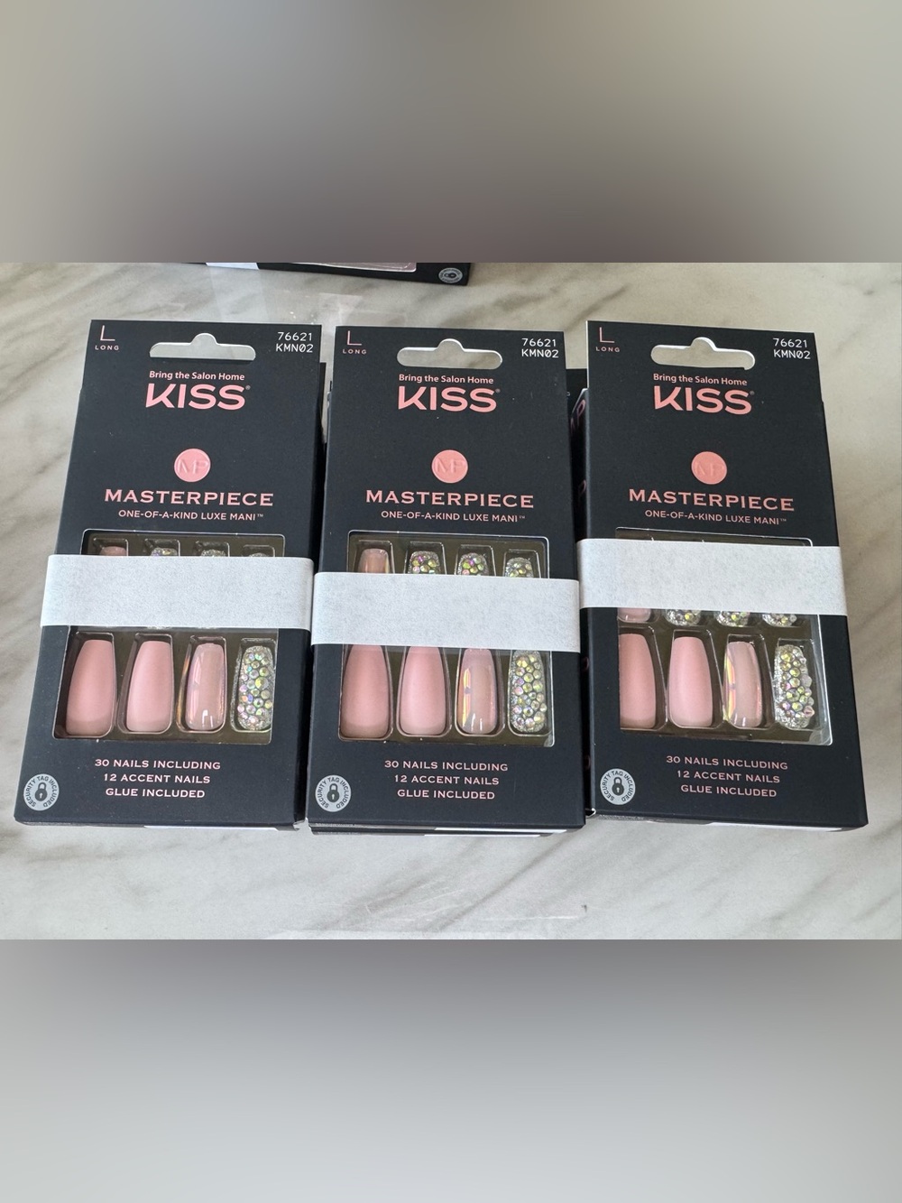 6 KISS Masterpiece Long Pink Press-On Nails with Rhinestone Accent Kits